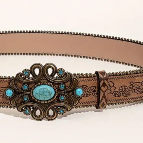 44" Pleather Brown Belt & Anitque Gold Tone w Turquoise  Rhinestone Buckle - Picture 1 of 1